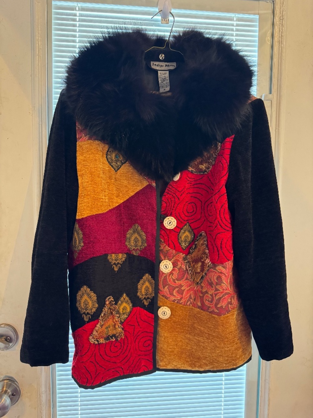 Indigo moon jacket sweater detachable faux fur hood size medium wearable art